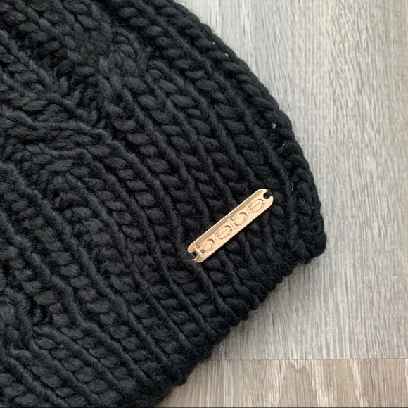 NWT BEBE Logo  Black Pom Pom Hat & Gloves Set - Picture 3 of 4